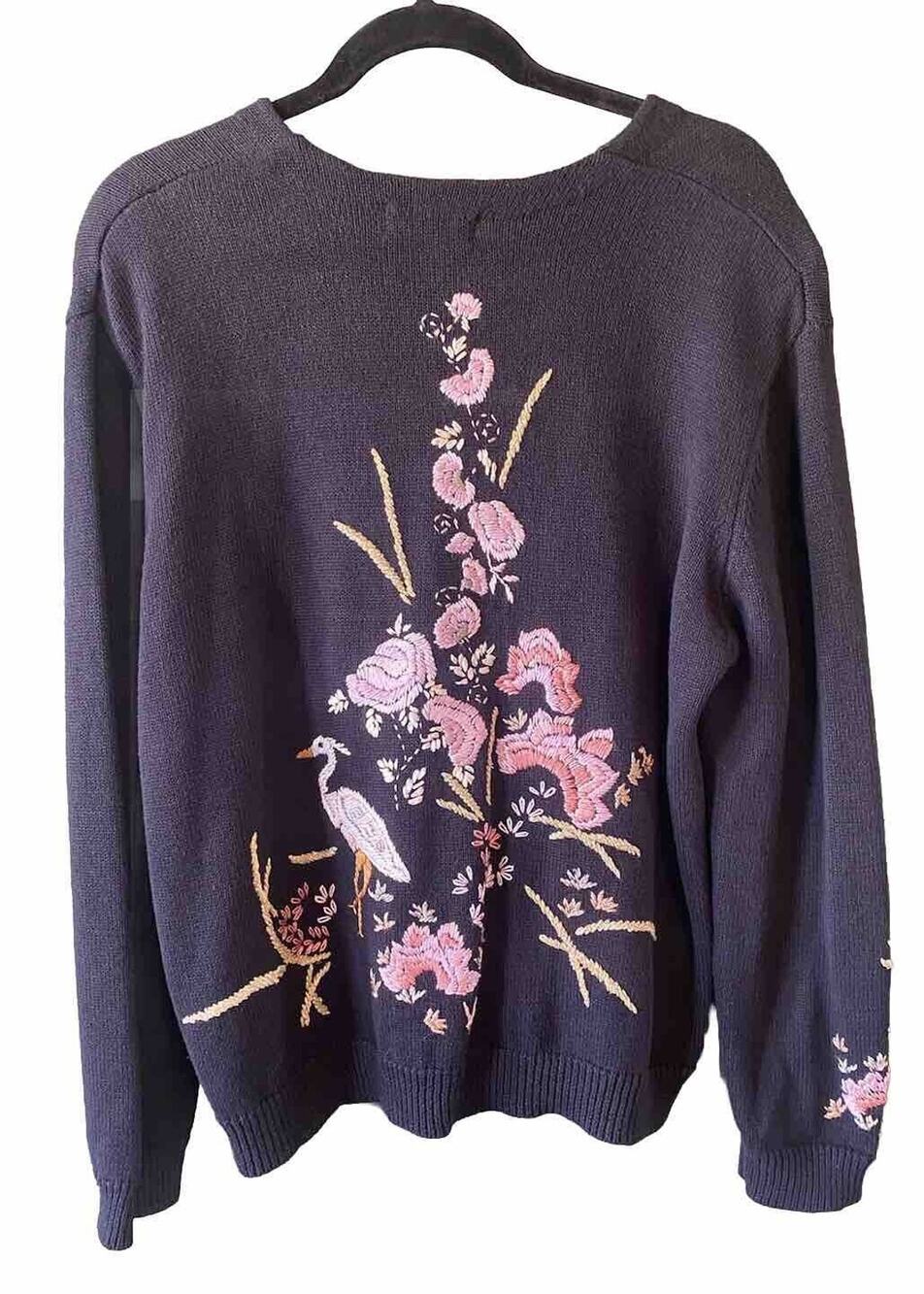 VINTAGE Womens Size Large Sweater Black & Pink Knit Cardigan Casual Office Twee